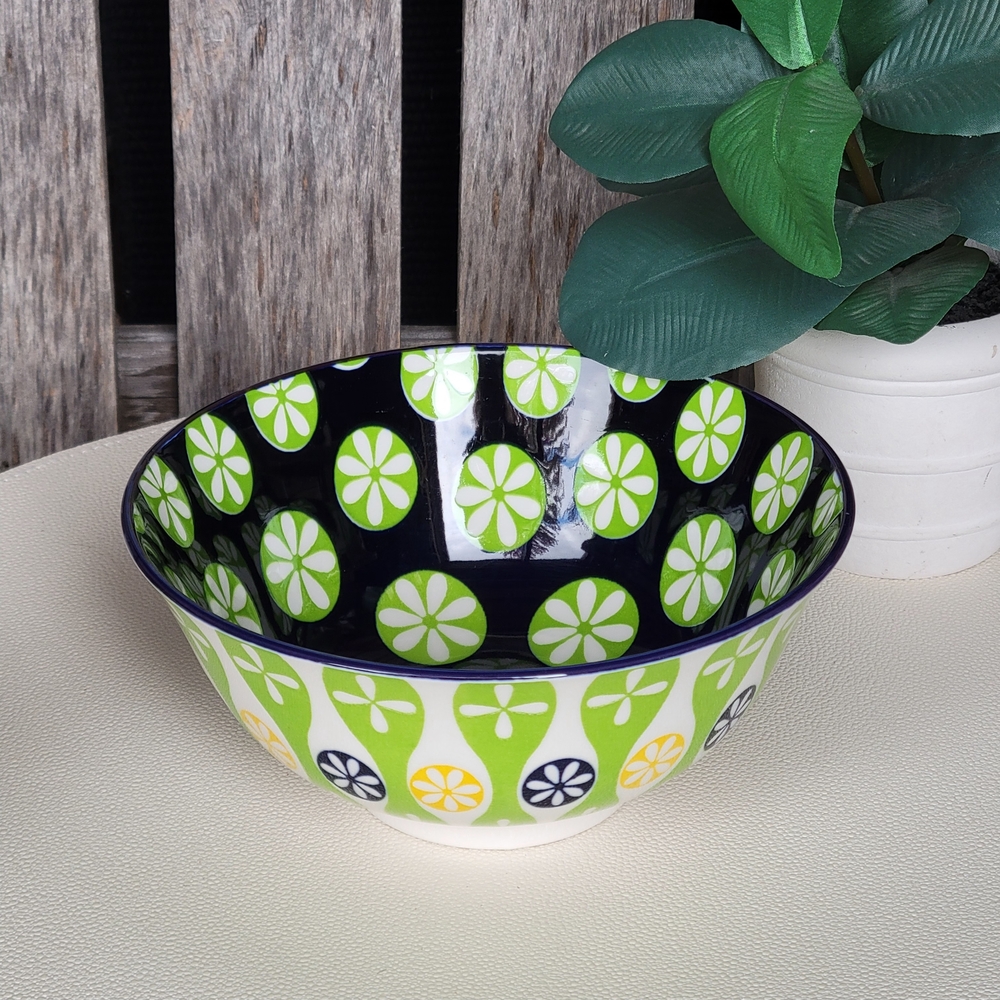 Cerified International Geometric Patterned Ceramic Bowl Green Navy Yellow - Picture 6 of 7